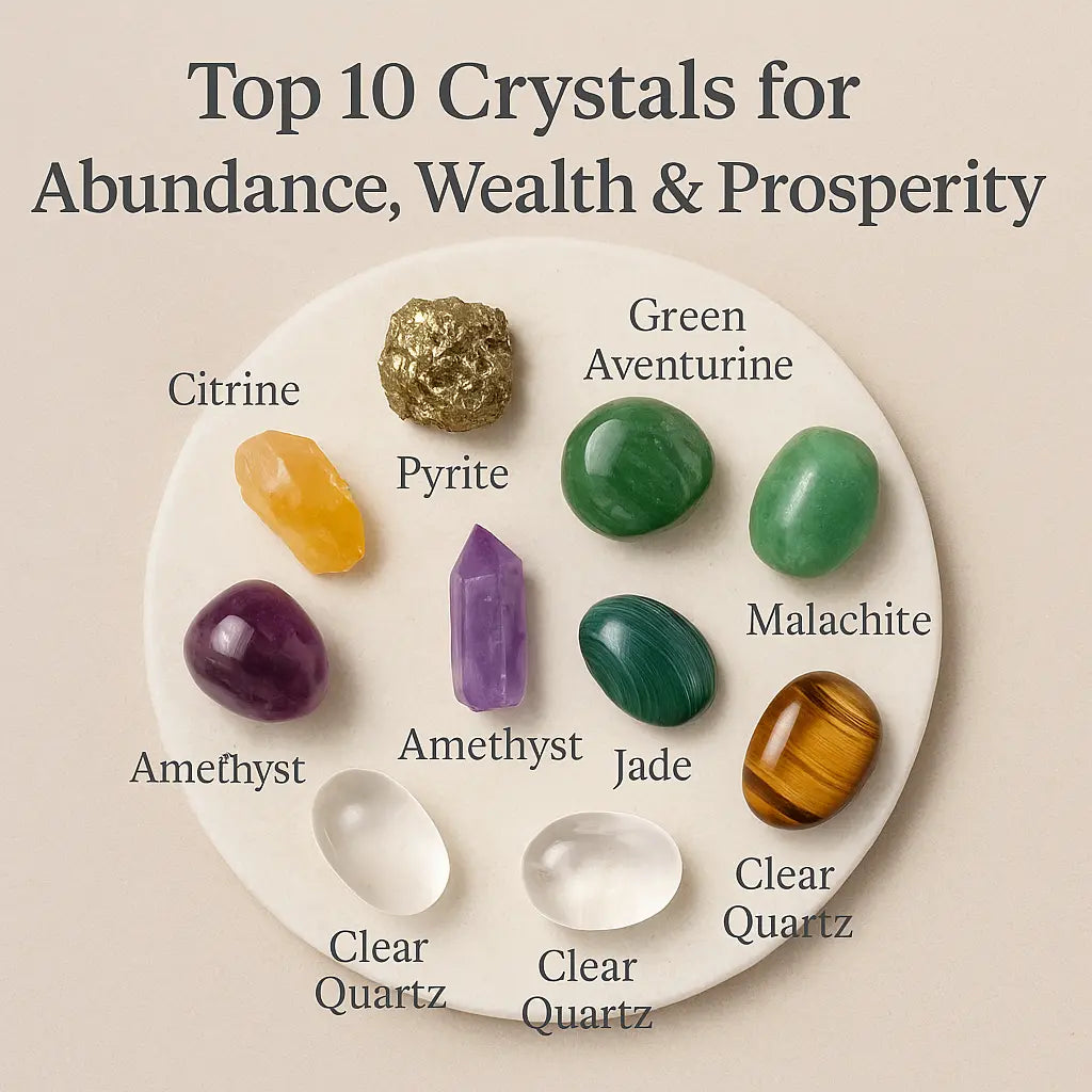 Top 10 Crystals for Abundance, Wealth & Prosperity including Citrine, Pyrite, and Amethyst.