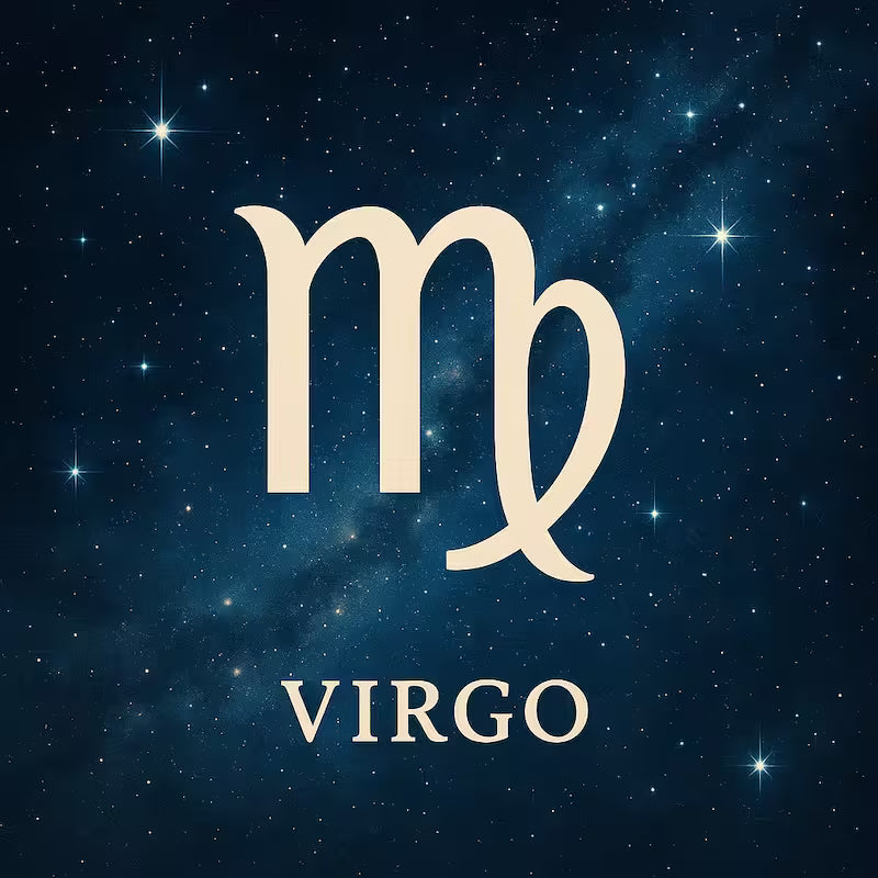 Virgo zodiac sign logo against a starry night sky background.