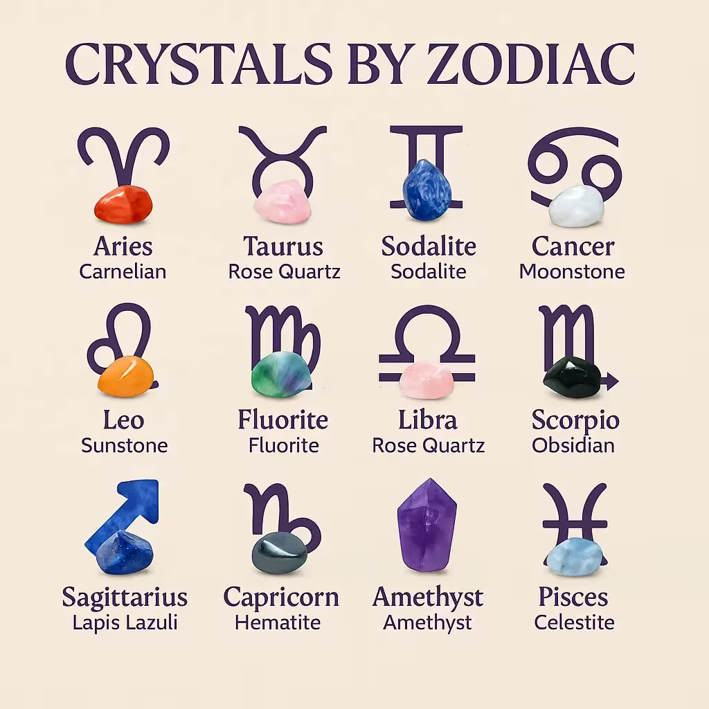 Crystals by Zodiac featuring carnelian for Aries, rose quartz for Taurus, and more.