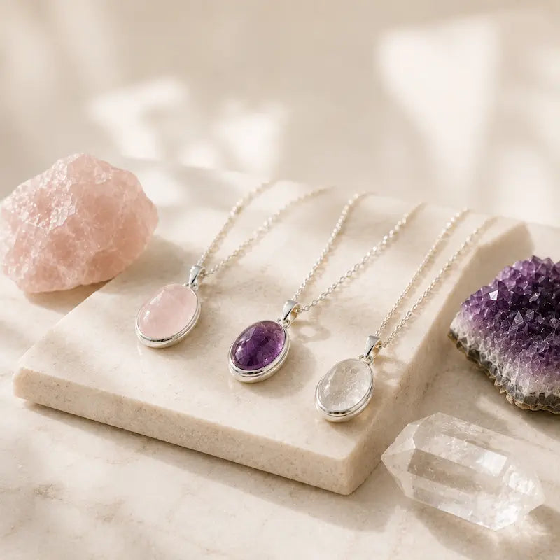 Handmade crystal necklaces and natural stone pendant necklaces on chains and cords, Crystals Healing UK