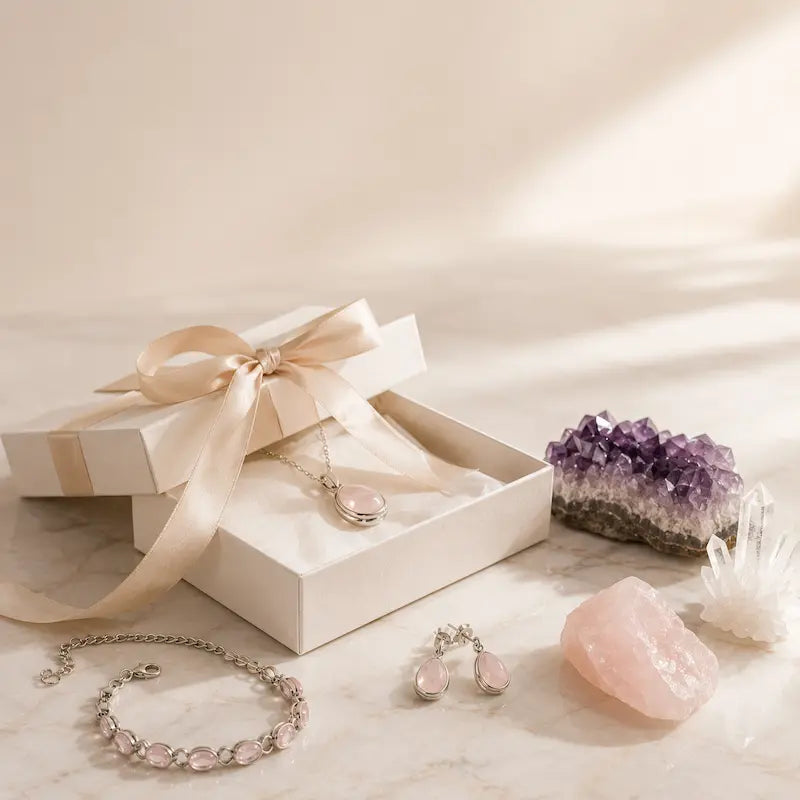 Handmade crystal jewellery gifts for her with rose quartz and amethyst, gift-ready from Crystals Healing UK