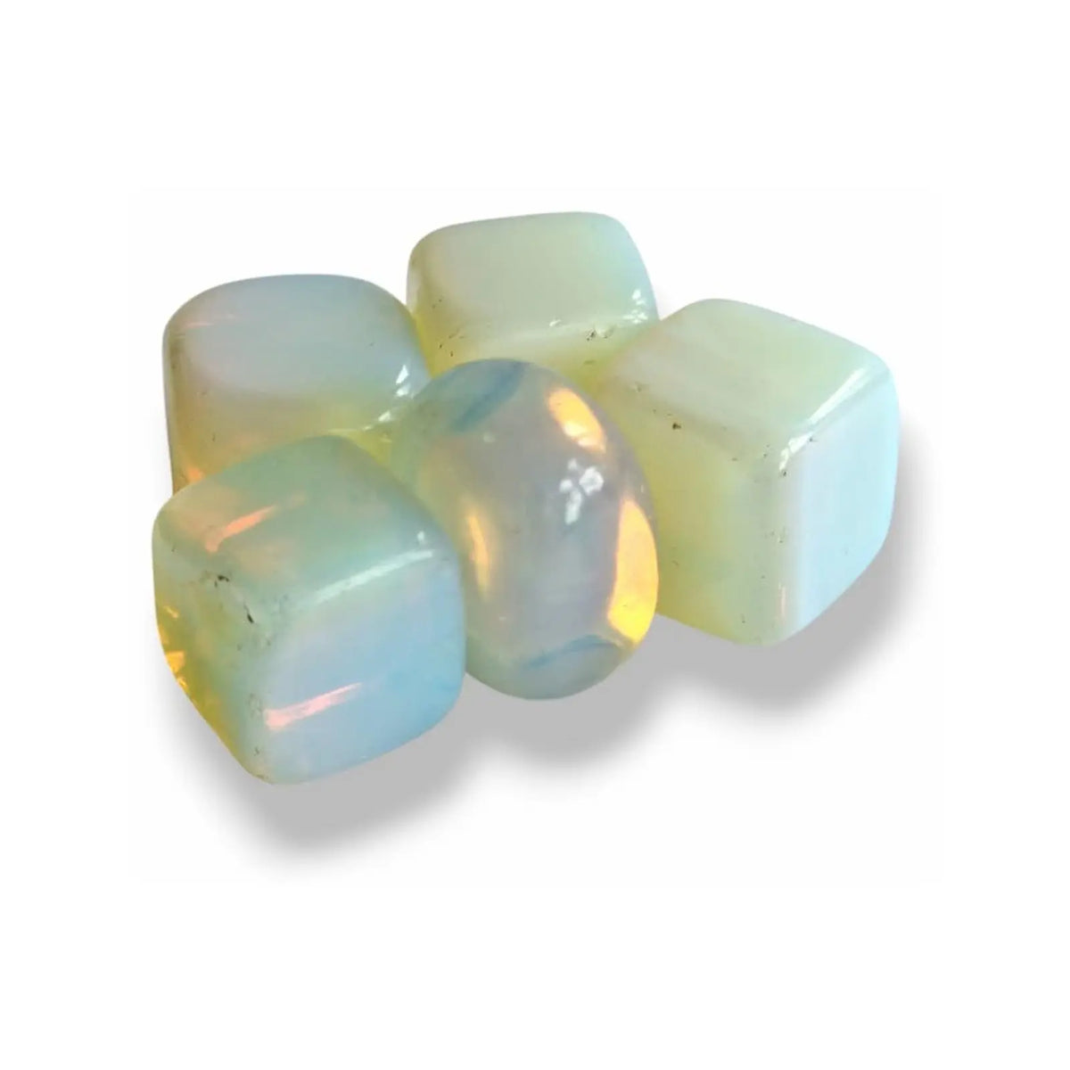 Opalite polished cubes, man-made opalescent glass in milky blue and soft yellow tones