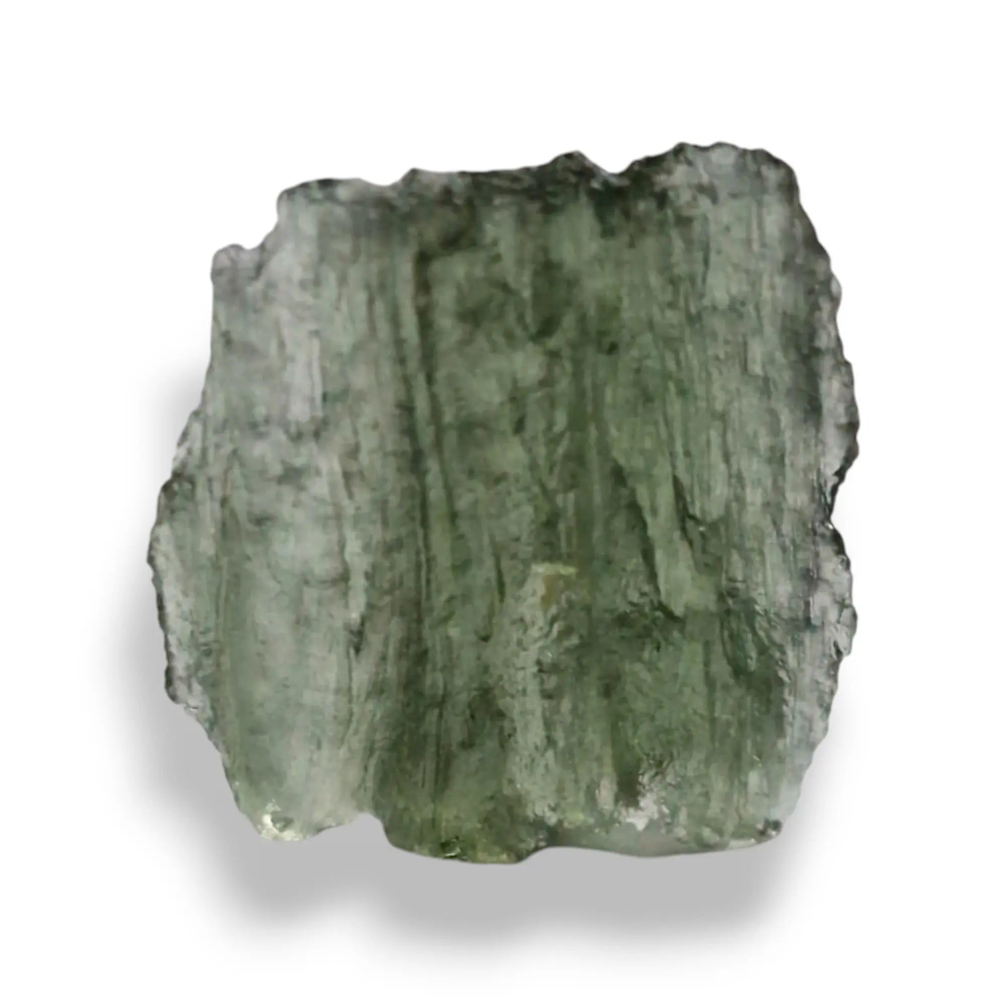 Raw moldavite shown with velvet pouch and information card included