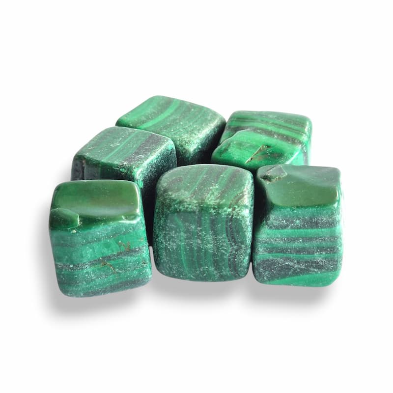 Malachite polished cubes, deep green natural stone with banded light and dark swirls