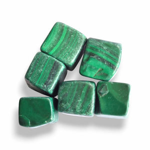 Hand-polished Malachite cube tumblestone, vivid green copper carbonate with concentric banding