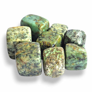 Hand-polished African Turquoise cube tumblestone, mottled green natural stone
