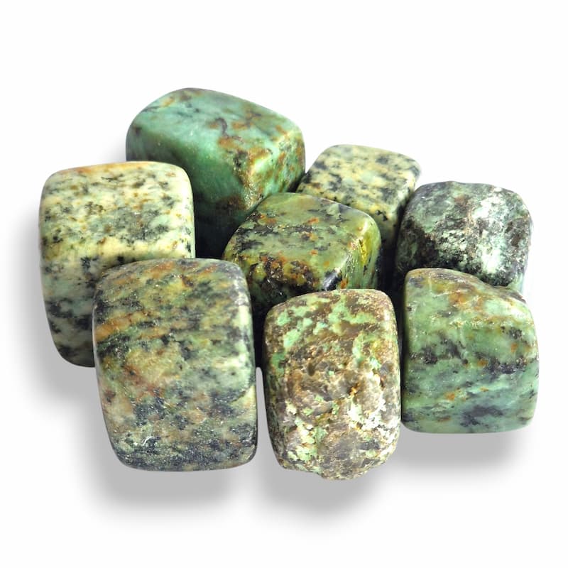 Hand-polished African Turquoise cube tumblestone, mottled green natural stone