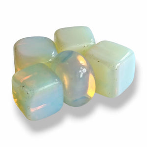 Hand-polished Opalite cube tumblestone, translucent opalescent stone with fiery glow