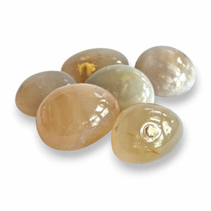 Flower Agate polished tumblestones, soft peach and cream natural chalcedony with plume inclusions