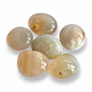 Hand-polished Flower Agate tumblestone, milky pink natural stone with blossom patterns