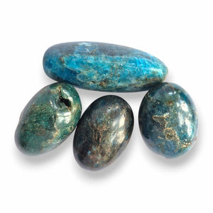 Blue Apatite polished tumblestones, deep teal-blue natural stone with golden flecks