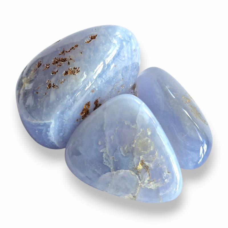 Hand-polished Blue Chalcedony tumblestone, translucent pale blue natural stone