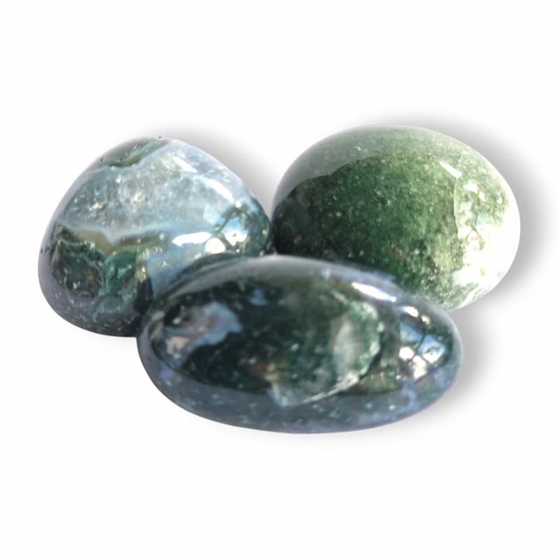 Moss Agate polished tumblestones, translucent green natural chalcedony with moss-like inclusions