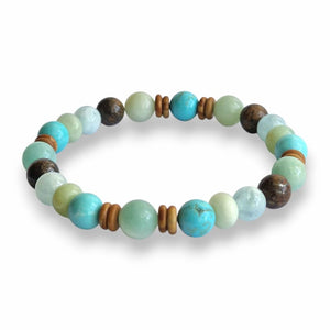 Surfer beaded bracelet with ocean-blue Amazonite, Aquamarine, Turquoise Howlite and Bronzite 8mm beads