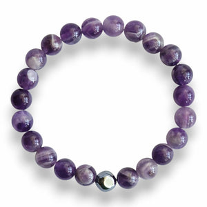 Handmade banded purple amethyst beaded bracelet with silver Hematite cube on stretch cord