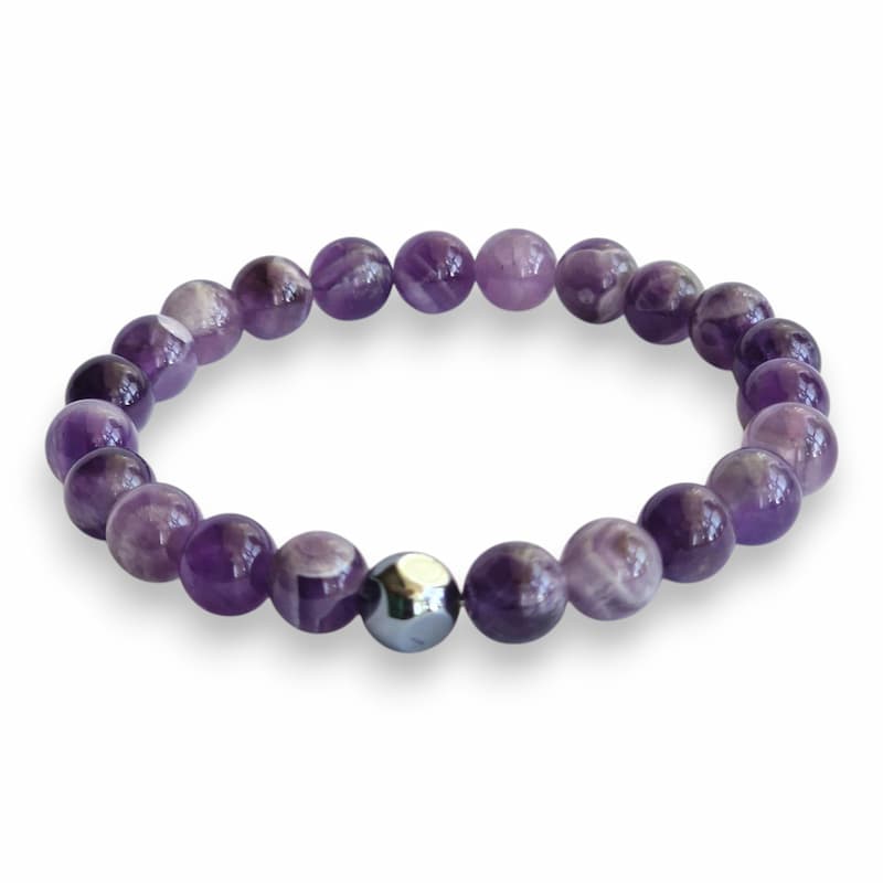 Chevron Dream Amethyst bracelet with polished Hematite cube accent, 8mm natural stone beads