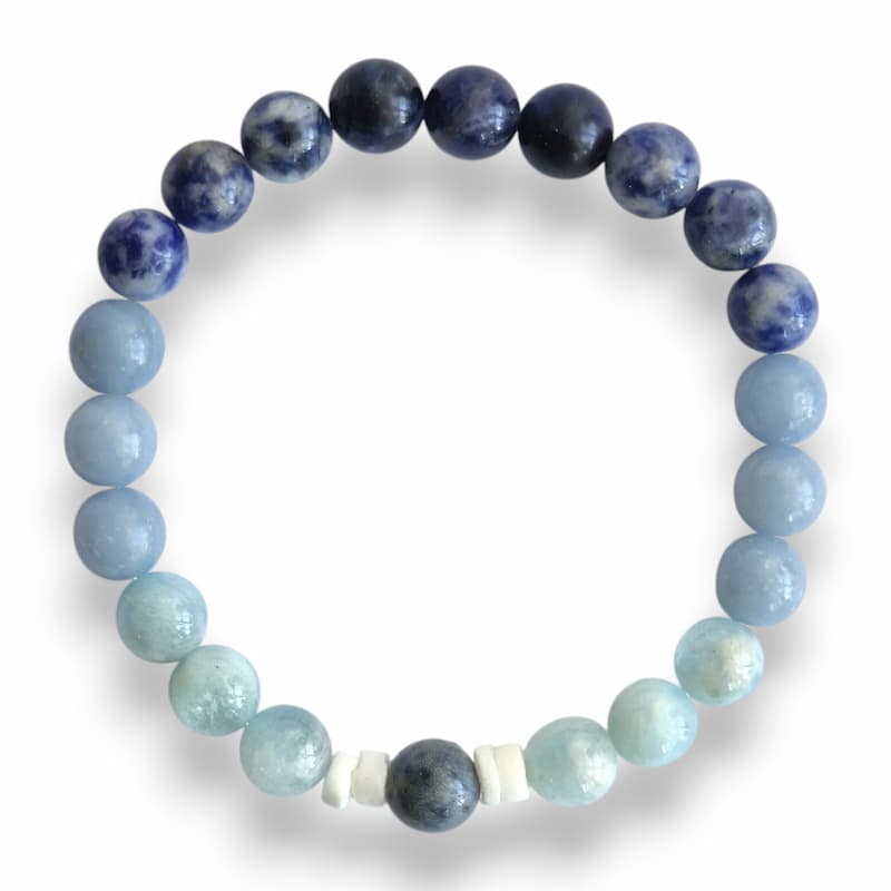 Handmade blue beaded bracelet with shell slice spacers on stretch cord, 8mm