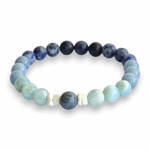 Blue gemstone bracelet with Sodalite, Aquamarine, Angelite and Blue Coral 8mm beads