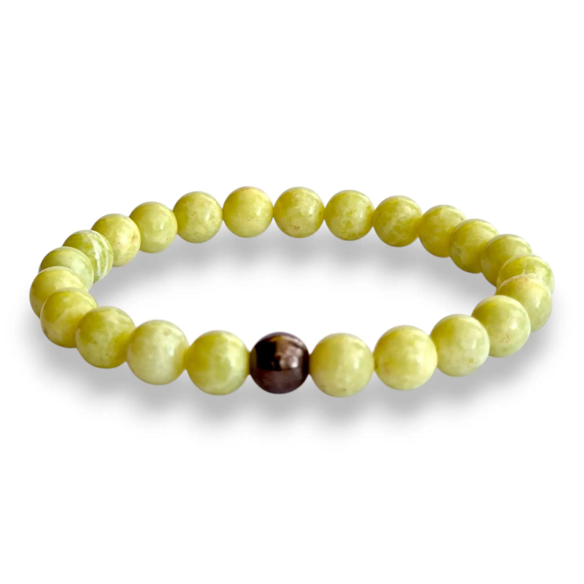 Lemon Jasper beaded bracelet with yellow-green 8mm beads and one copper hematite accent bead