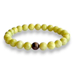 Lemon Jasper beaded bracelet with yellow-green 8mm beads and one copper hematite accent bead
