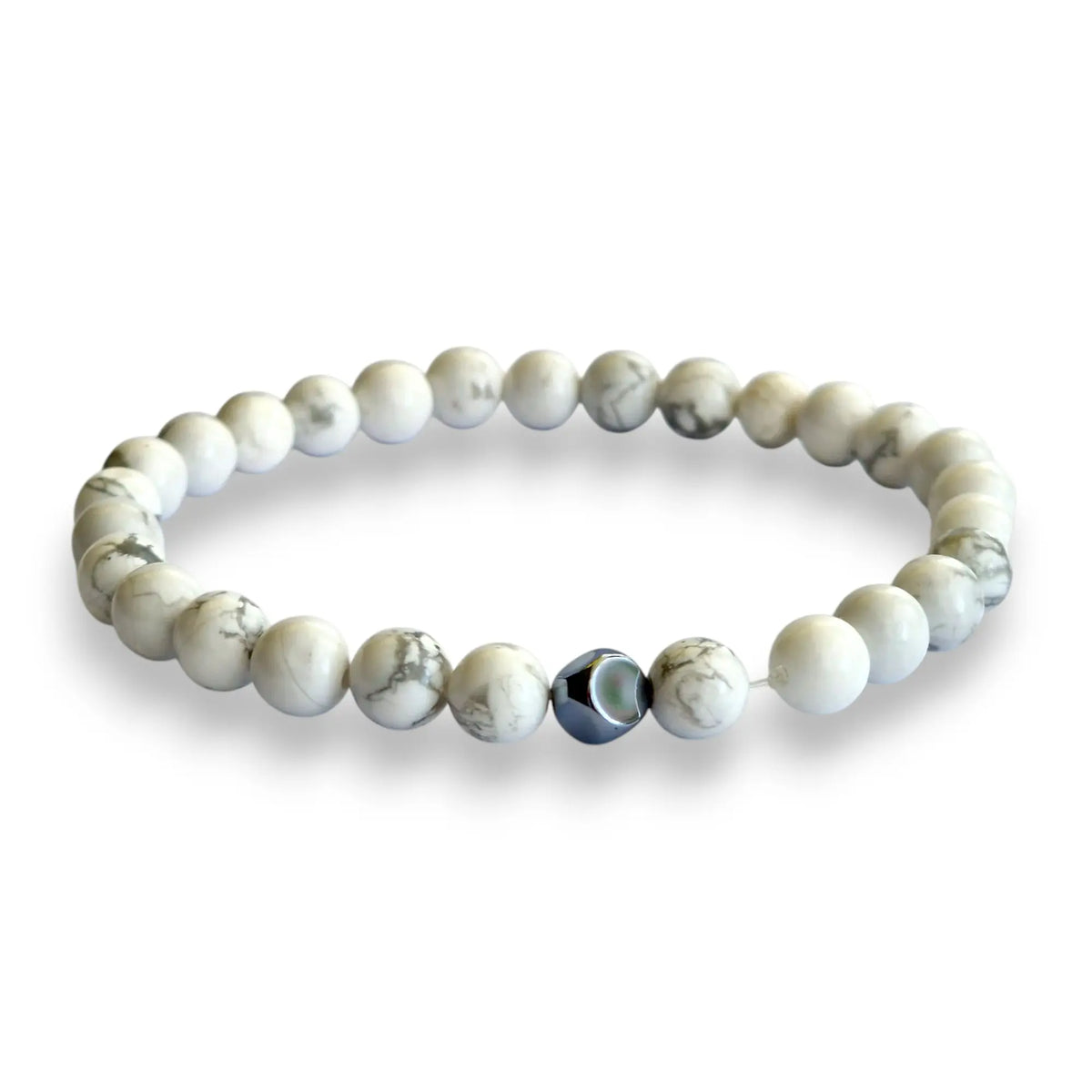 Howlite beaded bracelet, white and grey veined 6mm beads on a stretch cord, 7.5 inch, view 2