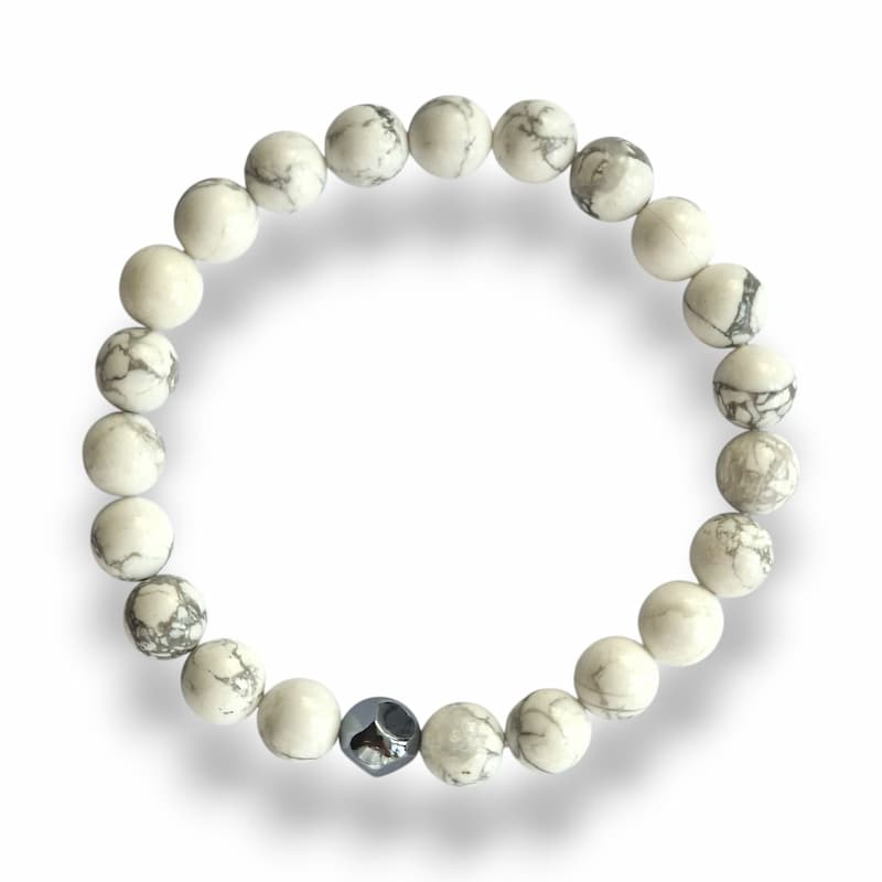 Handmade White Howlite bracelet with grey marbling on elastic stretch cord