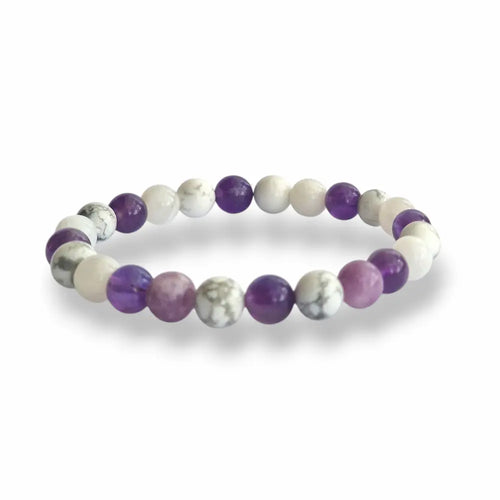 Amethyst and moonstone gemstone bracelet in soft cool tones, 8mm