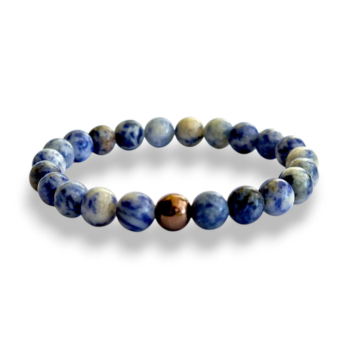 Brazilian Sodalite beaded bracelet with blue and white 8mm beads and one copper hematite accent bead