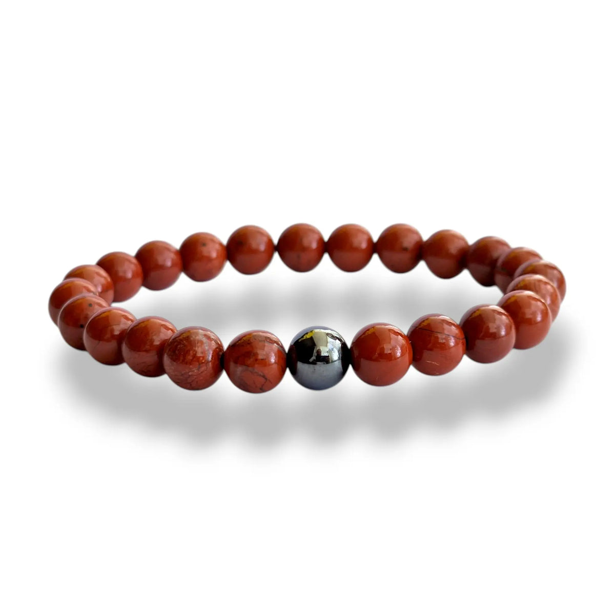 Red Jasper beaded bracelet with brick red 8mm beads and one magnetic hematite accent bead