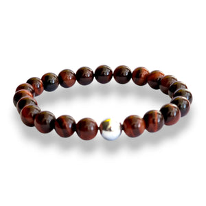 Red Tiger's Eye beaded bracelet with red-brown 8mm beads and one silver hematite accent bead