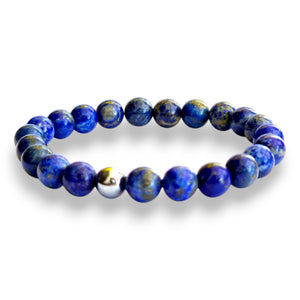 Lapis lazuli and hematite beaded bracelet with golden pyrite flecks on a stretch cord, 7.5 inch, view 2