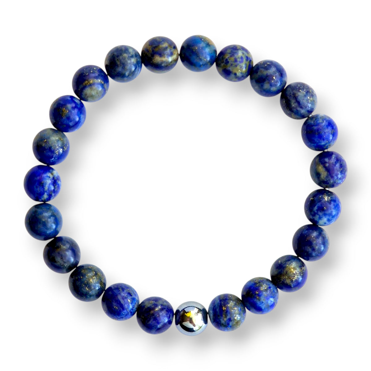Lapis Lazuli beaded bracelet with deep blue 8mm beads flecked with gold and one silver hematite accent bead