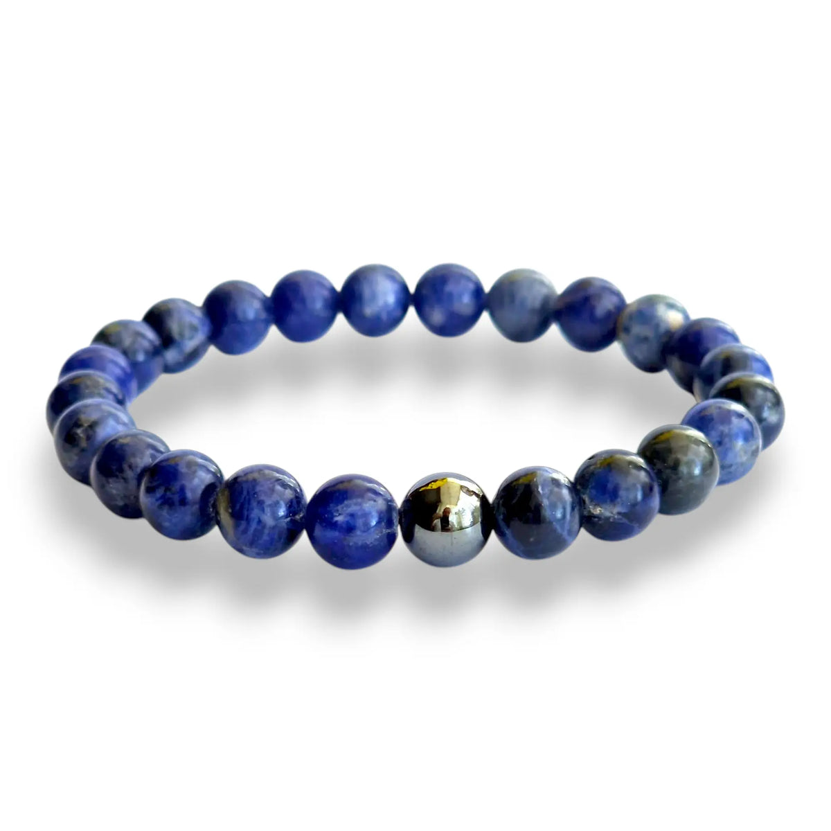 Sodalite and hematite beaded bracelet with white veining on a stretch cord, 7.5 inch, view 2