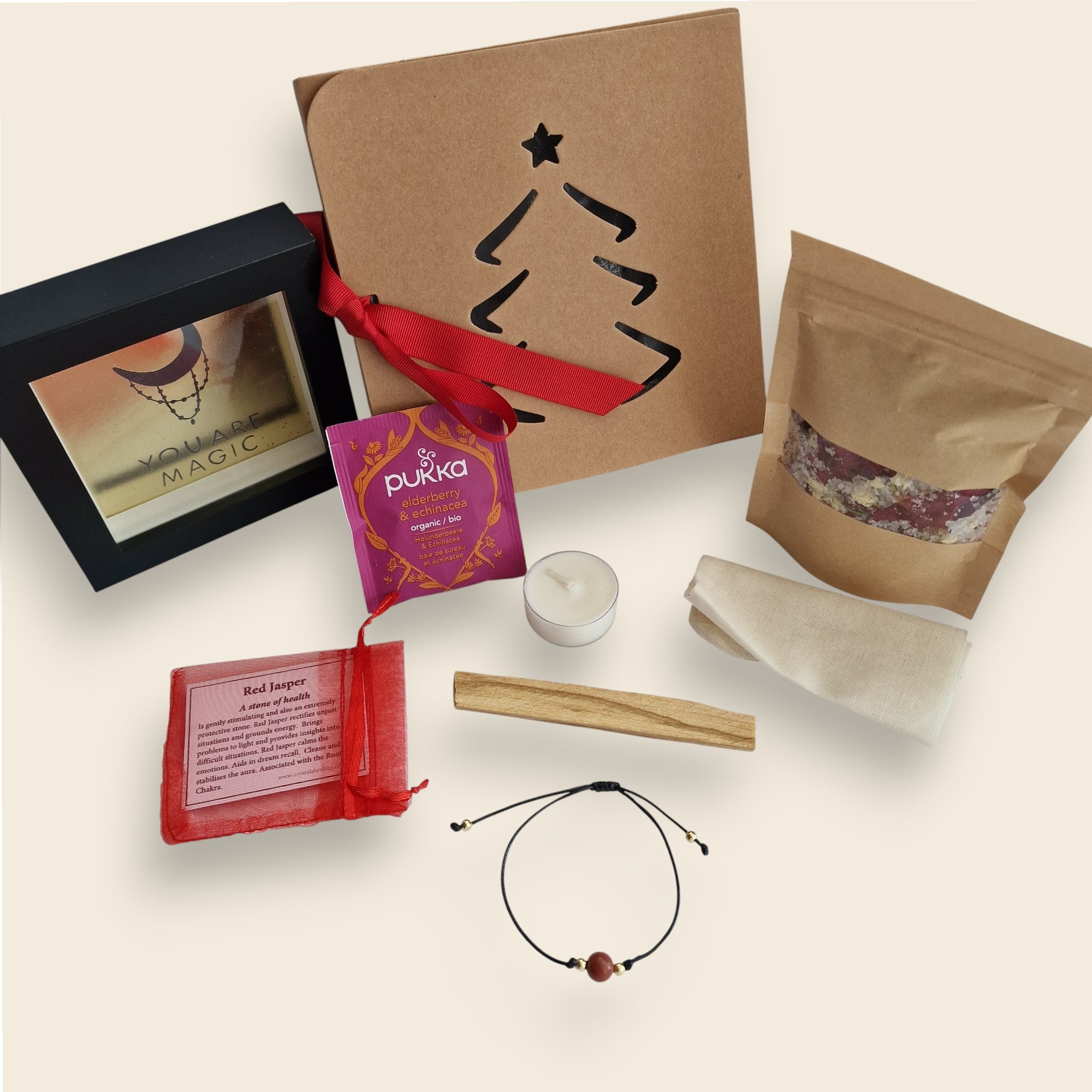 You Are Magic | Red Jasper
Tea: Pukka Elderberry &amp; Echinacea
Botanicals: Rose petals, Jasmine buds
Framed message: “You Are Magic”