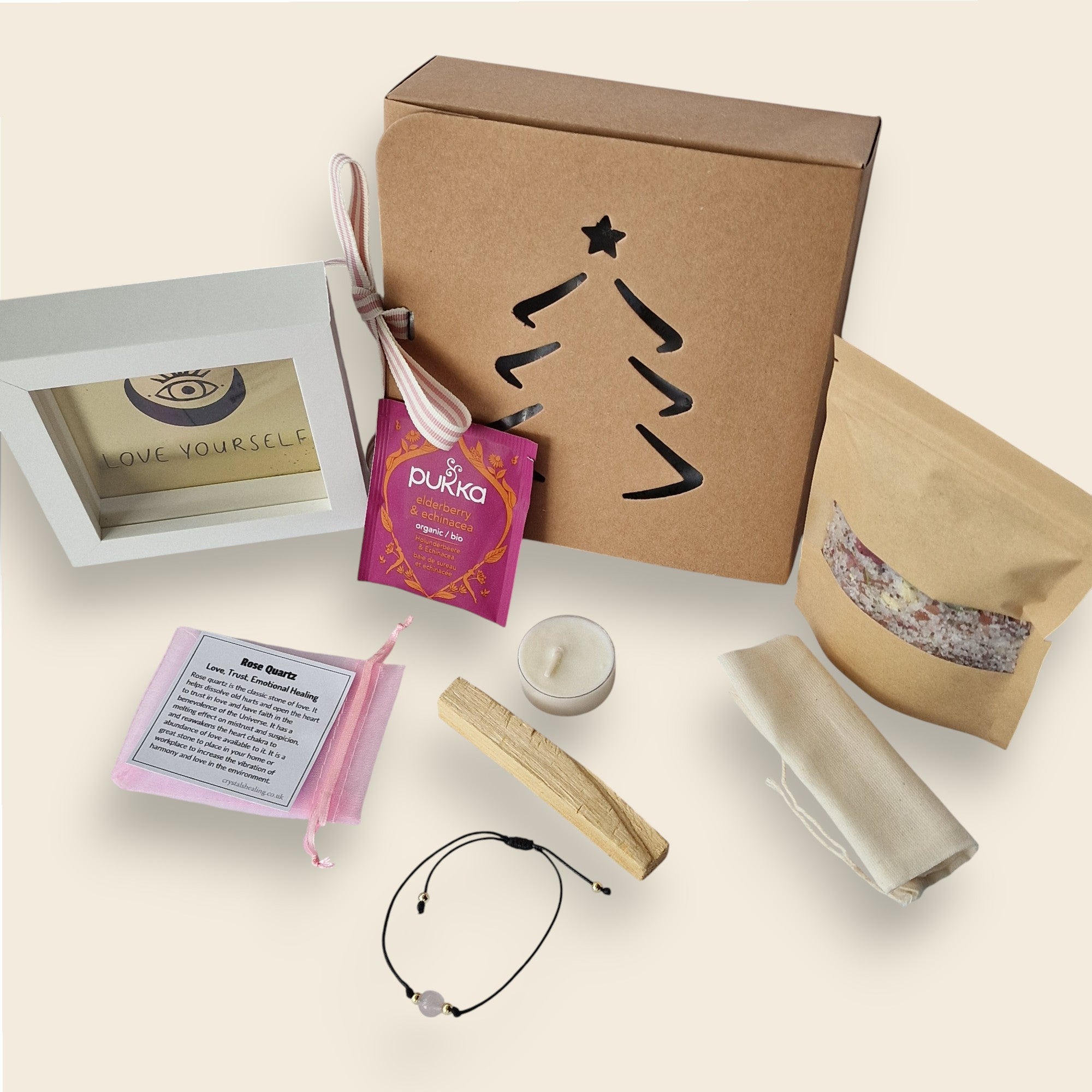 Love Yourself | Rose Quartz
Tea: Pukka Elderberry &amp; Echinacea
Botanicals: Rose petals, Jasmine buds
Framed message: “Love Yourself”