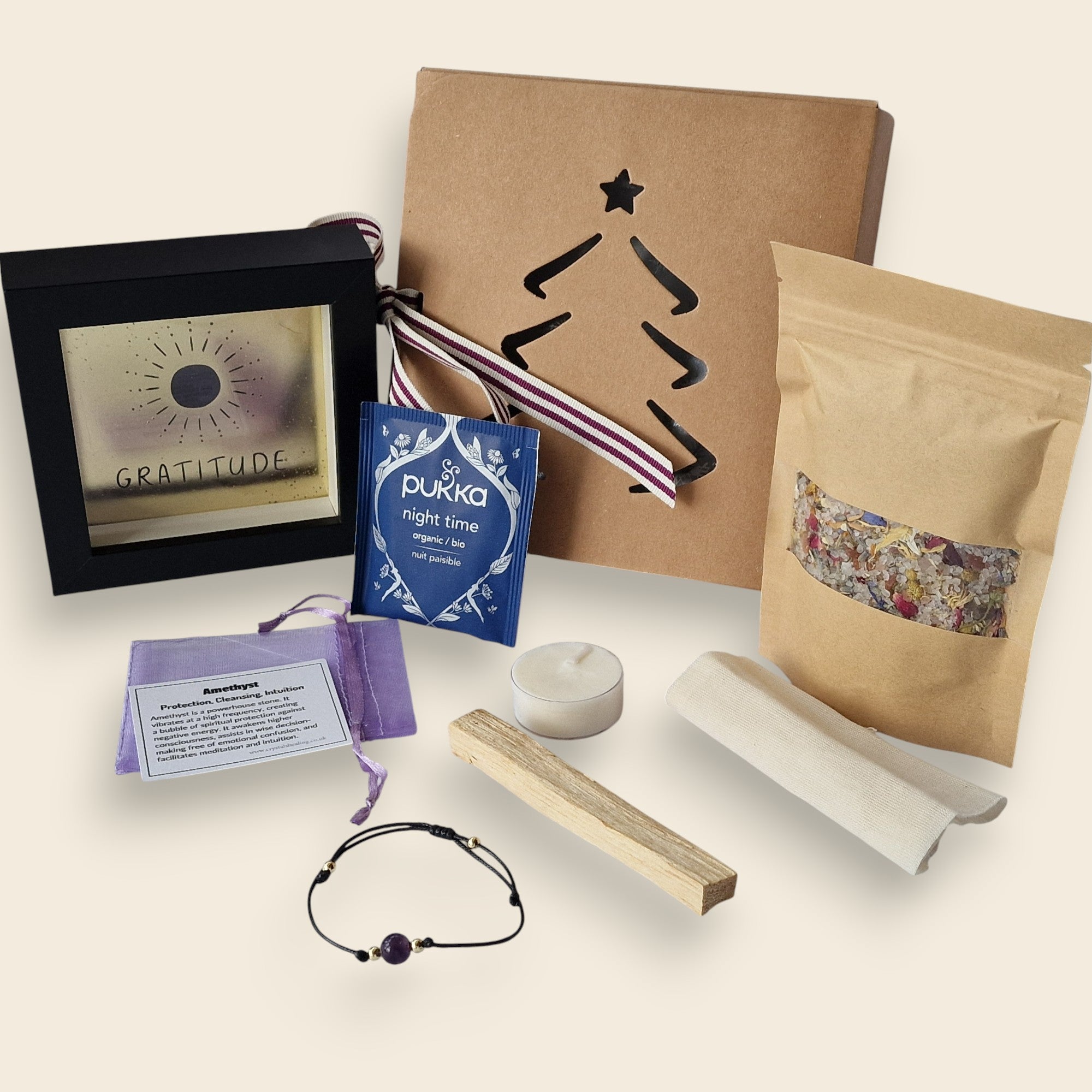 Gratitude | Amethyst
Tea: Pukka Night Time
Botanicals: Calendula flowers, Lavender buds, Blue cornflower petals, Rose petals, Chamomile flowers
Framed message: “Gratitude”