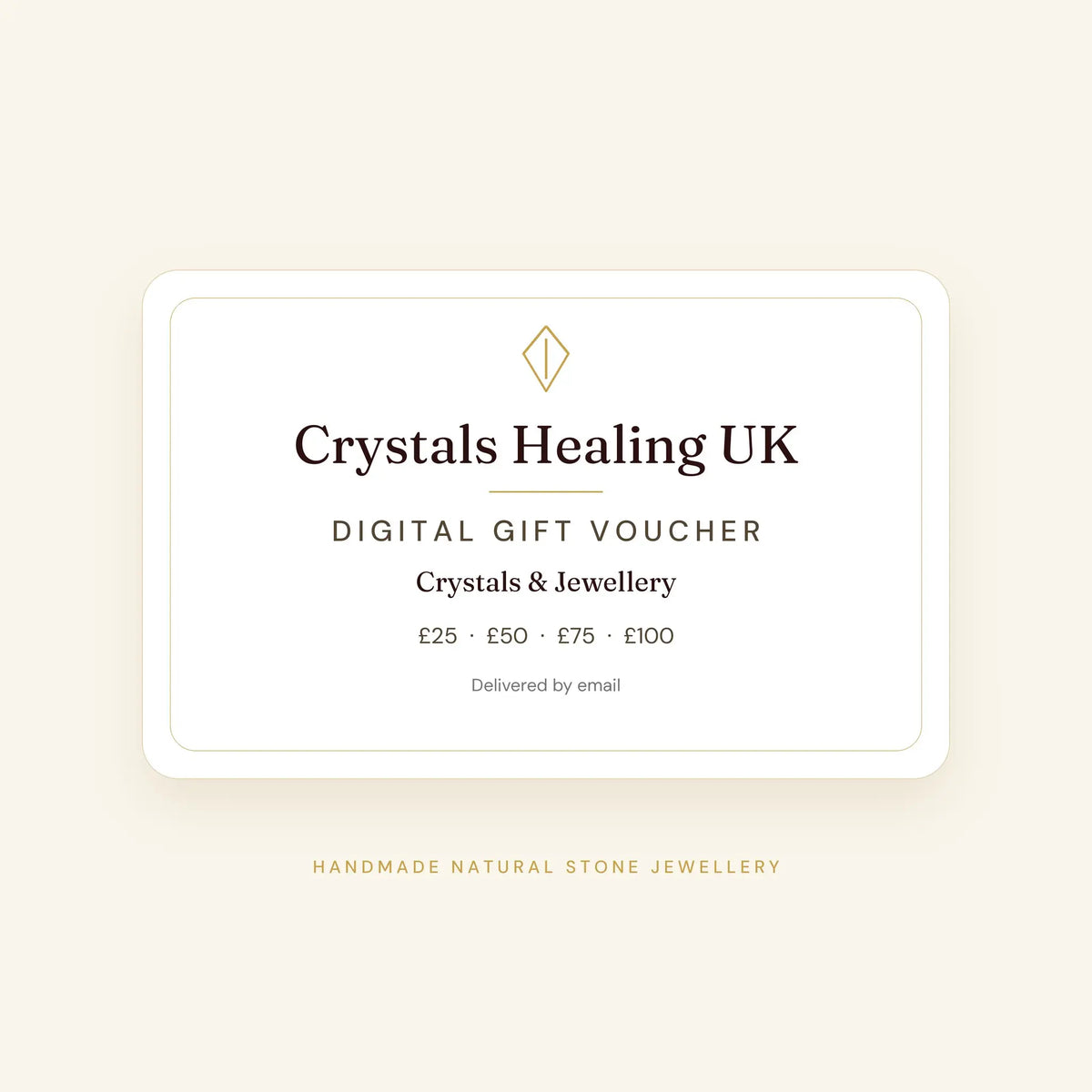 Digital gift voucher for Crystals Healing UK, delivered by email