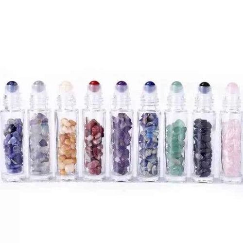 Gemstone essential oil roller bottle with a natural stone rollerball, choice of crystal