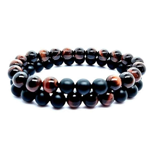Red Tiger's Eye and Onyx beaded bracelet in red and black natural stone, 8mm