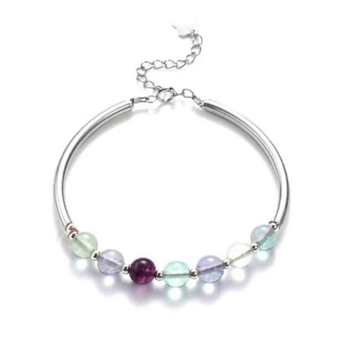 Rainbow fluorite and silver tube bracelet, adjustable, 6mm natural stone beads